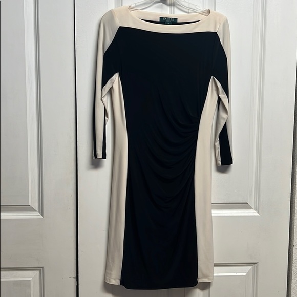 Lauren Ralph Lauren Dresses & Skirts - Ralph Lauren Black Cream Sides Strip Mid Sleeve Stretch Body Dress Size 8P